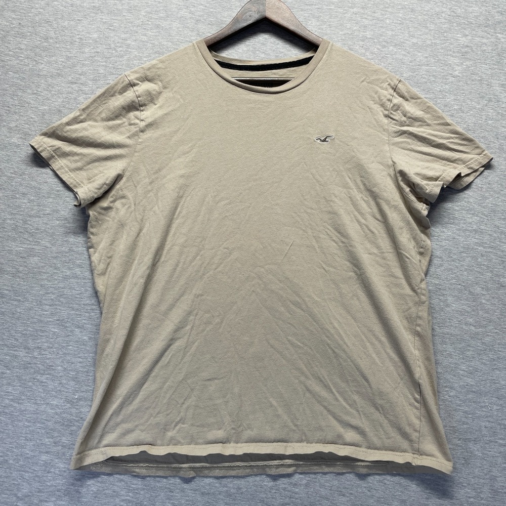 Hollister T Shirt Mens XL Beige Cotton Embroidered Logo Cap Sleeve Crew Neck